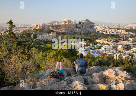 Blick auf die Akropolis von Philopappos Hügel, Athen, Griechenland, Europa Stockfoto