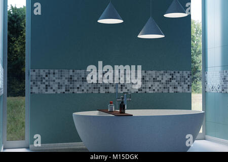 3D-Rendering von Cyan modernes Badezimmer mit freistehender Badewanne Stockfoto