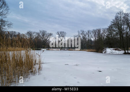 Einen gefrorenen Teich von der untergehenden Sonne beleuchtete an einem Winterabend. Stockfoto