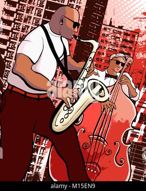 Vector Illustration eines Saxophonisten und Bassist auf grunge Stadt Hintergrund Stock Vektor