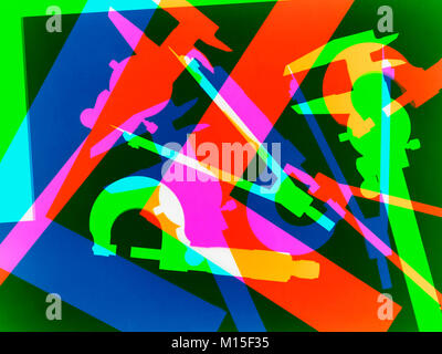 Messgeräte, konzeptionelle Bild. Fotogramm Effekt mit mehreren Aufnahmen einer Vielzahl von Messgeräten in Technik und Design. Stockfoto