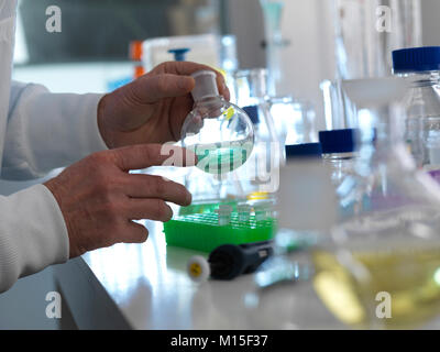 MODEL RELEASED. Biotechnologie Experiment. Wissenschaftler der Vorbereitung einer chemischen Formel in einem Labor Kolben während eines Experiments. Stockfoto