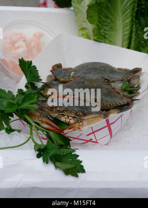 Farm-to-Tabelle: Drei Krabben in einer Zeile ist für das Mittagessen serviert. Stockfoto