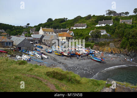 Fischerboote am Strand von Cadgwith Cove, Cornwall Stockfoto
