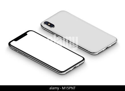 Ähnlich wie das iPhone X Perspektive white Smartphone mockup Vorder- und Rückseite GEGEN DEN UHRZEIGERSINN gedreht liegen auf der Oberfläche. Stockfoto