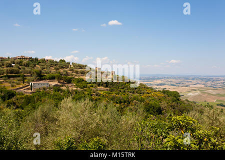 Montalcino, Toskana, Italien. Berühmte italienische mittelalterliche Stadt. Landwirtschaftliche Landschaft Stockfoto