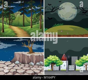 Vier Hintergrund Szenen mit Wald und Stadt Abbildung Stock Vektor