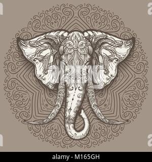 Stilisierte Elephant Head Kunst auf Mandala Hintergrund. Vector Illustration. Stock Vektor