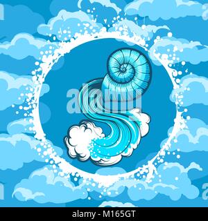 Seashell mit Wasser in der Luft kreisen. Zodiac symbol Aquarius auf den Hintergrund. Vector Illustration. Stock Vektor