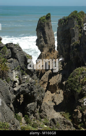 Punakaiki Pancake Rocks; Paparoa Nationalpark, Neuseeland Flachs, Greymouth, Neuseeland, NZ. Geschichtete Felsformationen; Kalkstein; Geologie; P Stockfoto