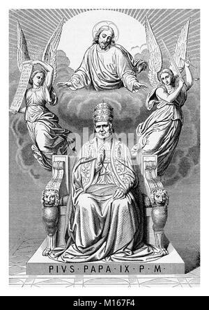 Allegorische Apotheose von Papst Pius IX. auf dem Thron, von Engeln und Jesus Christus, vintage Gravur umgeben Stockfoto