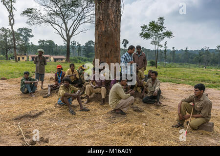 Coorg, Indien - 29. Oktober 2013: DUBARE Elephant Camp. Sammlung der Männer unter dem Baum. Wald Hintergrund mit CLOUDSCAPE. Männer in Kaki kleiden Stockfoto