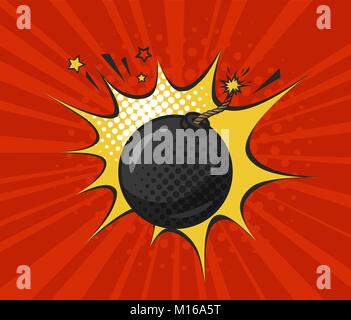 Runde, schwarze Bombe mit brennender Sicherung, in Retro Pop Art Stil gezeichnet. Cartoon comic Vector Illustration Stock Vektor