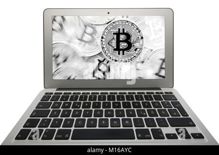 Symbol Bild Turbulenzen, Volatilität, Aktienkurs digitale Währung, Gold physischen Münze bitcoin Laptop Stockfoto