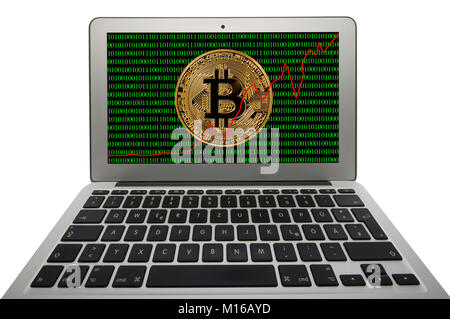 Symbol Bild Turbulenzen, Volatilität, Aktienkurs digitale Währung, Gold physischen Münze bitcoin Laptop mit binären Code Stockfoto