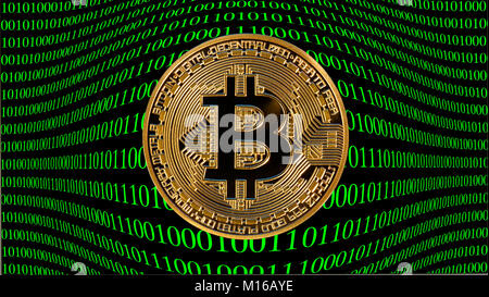 Symbol Bild Turbulenzen, Volatilität, Aktienkurs digitale Währung, Gold physischen Münze bitcoin Laptop mit binären Code Stockfoto