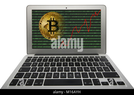 Symbol Bild Turbulenzen, Volatilität, Aktienkurs digitale Währung, Gold physischen Münze bitcoin Laptop mit binären Code Stockfoto