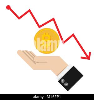 Vektor. Finanzielle fallen Konzept mit goldenen Bitcoins Leiter auf rote Grafik Hintergrund. auf weißem Hintergrund. Trade Finance Konzept. Stock Vektor