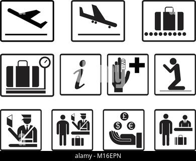 Einfache Flughafen 2d Symbole Vektor einrichten. Universal Flughafen Symbole für Informationen, Fluggesellschaft, Abflug, Ankunft, Abflug, Gate, Terminal, Tasche Stock Vektor