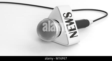 Aktuelles Konzept. Kabel Mikrofon mit weißen News Box auf weißem Hintergrund. 3D-Darstellung Stockfoto