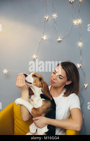 Junge Frau im weißen T-Shirt hug Beagle Welpen auf gelb Stuhl mit grauen Wand und auf Hintergrund Stockfoto