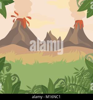 Eine Waldlandschaft mit Vulkan und Dschungel Pflanzen Stock Vektor