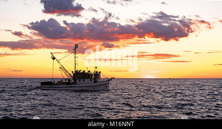 Kleines Schiff im Meer. Sommer Tag Sonnenuntergang. Panoramablick. Stockfoto