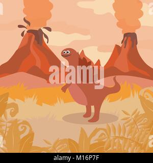 Prähistorische Tierwelt. Natur Landschaft mit Dinos, Berge, Vulkane Stock Vektor