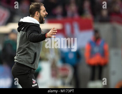 Köln Trainer Stefan Ruthenbeck Gesten während der deutschen Fußball-Bundesliga Match zwischen 1. FC Köln und FC Augsburg im RheinEnergieStadion in Köln, Deutschland, 27. Januar 2018. (EMBARGO BEDINGUNGEN - ACHTUNG: Aufgrund der Akkreditierung Richtlinien, die DFL gestattet nur die Veröffentlichung und Verwertung von bis zu 15 Bildern pro Spiel im Internet und in online Medien während des Spiels.) Foto: Federico Gambarini/dpa Stockfoto