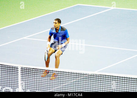 Pune, Indien. 1. Januar 2018. Ramakumar Ramanathan von Indien, in Aktion in der ersten Runde von Tata Open Maharashtra Tennis Turnier. Stockfoto