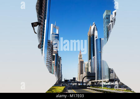 Double Exposure des Kopfes Person mit Brillen und Stadt Stockfoto