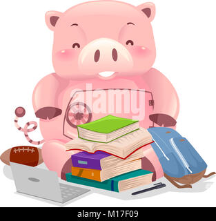 Abbildung: ein Sparschwein Roboter mit College Elemente vom Laptop auf Bücher und Fußball Stockfoto