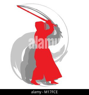 Kendo Kämpfer rot Silhouette mit Shinai auf weißem Hintergrund abstrakte Konzept isoliert Stock Vektor