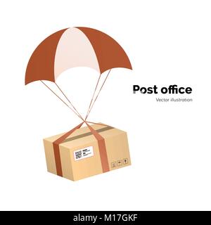 Post. airmail Delivery Service. Packege mit Etikett, QR-Code. Paket mit Fallschirm für Liefer-, Vektor, Abbildung Stock Vektor