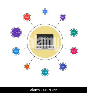 Web Entwicklung Infografik. Programmiersprachen. Programmierung und Kodierung. Vector Illustration Stock Vektor