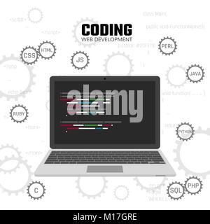 Moderne Sprachen Web Programmierung. Web Entwicklung, Design und Programmierung Konzeption. Vector Illustration Stock Vektor