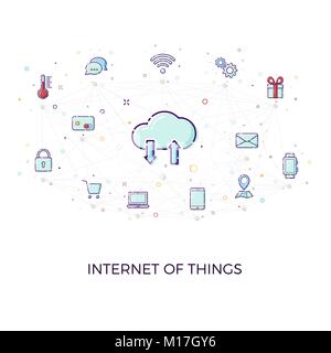 Konzept Internet der Dinge. Cloud netzwerk konzept für verbundene intelligente Geräte. Vector Illustration der IoT und Netzwerkverbindungen Symbole auf dem weißen Hinterg Stock Vektor