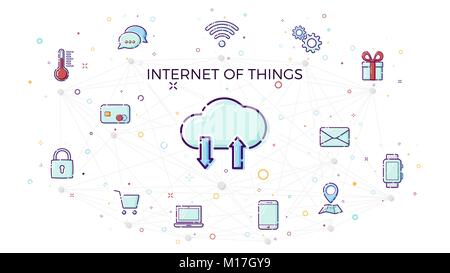 Konzept Internet der Dinge. Cloud netzwerk konzept für verbundene intelligente Geräte. Vector Illustration der IoT und Netzwerkverbindungen Symbole in weißen Hinterg Stock Vektor