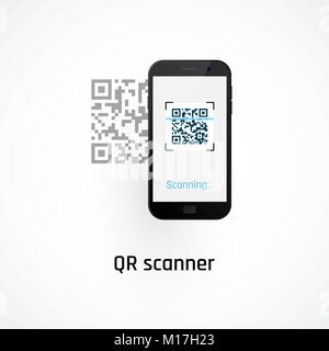 Mobiltelefon den QR-Code scannen Konzept. Vector Illustration auf weißem Hintergrund Stock Vektor