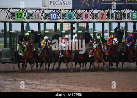 Hallandale Beach, FL, USA. 27 Jan, 2018. Gun Runner mit Jockey Florent Geroux gewinnt die 16 Millionen Dollar Pegasus Wm Einladungs an Gulfstream Park am Januar 27, 2018 in Hallandale Beach Florida. Quelle: MPI04/Medien Punch/Alamy leben Nachrichten Stockfoto