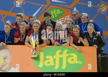 Women's Jaffa Super 6s Finale der Kupfer, Arena. Frauen Finale: bowdon 2 Leicester 1. Stockfoto