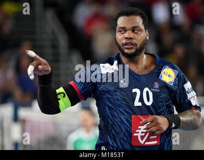 Zagreb, Kroatien. 28 Jan, 2018. Frankreich ist Cedric Sorhaindo feiert nach einem Ziel während der Europameisterschaft Handball Spiel für Platz 3, zwischen Frankreich und Dänemark in Zagreb, Kroatien, 28. Januar 2018. Credit: Monika Skolimowska/dpa-Zentralbild/dpa/Alamy leben Nachrichten Stockfoto