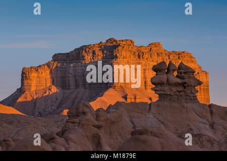 Goblins oder Hoodoos von Entrada Sandstein erodiert, fotografiert im Morgenlicht, Goblin Valley State Park, Utah, USA Stockfoto