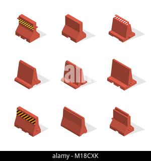 Set aus Kunststoff Straße Barrieren mit Markup, auf weißem Hintergrund. Flache isometrische 3D-Stil, Vector Illustration. Stock Vektor