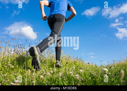 Low Angle View der Mann laufen bergauf auf Trail durch wildflower Meadow. Stockfoto