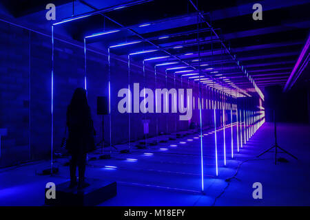 LONDON, UK-22 Jan 2018: Auf ihrer Wellenlänge von Marcus Lyall ist auf Öffentliche Anzeige an der Canary Wharf Winter Lights Festival 2018. Stockfoto