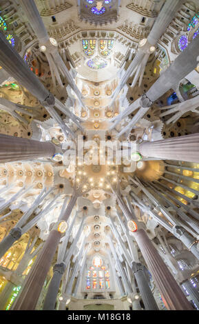 Innenansicht der Sagrada Familia von Antoni Gaudi, Barcelona, Katalonien, Spanien Stockfoto