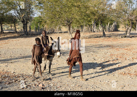 Himbafrau verheiratet, Kinder auf Esel, Kaokoveld, Namibia Fahrt Stockfoto