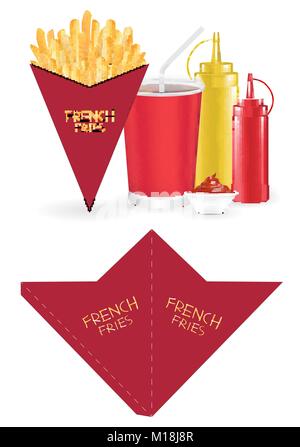Pommes frites Verpackung die-cut Kegelform Stock Vektor