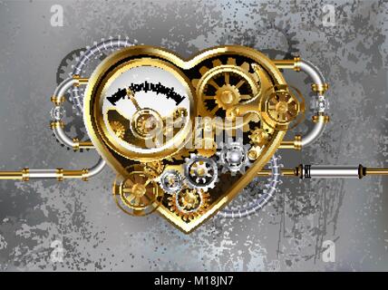 Mechanische Herz mit Manometer, Stahl und Gold Zahnräder auf Grau industriellen Hintergrund. Industrial Design. Stock Vektor